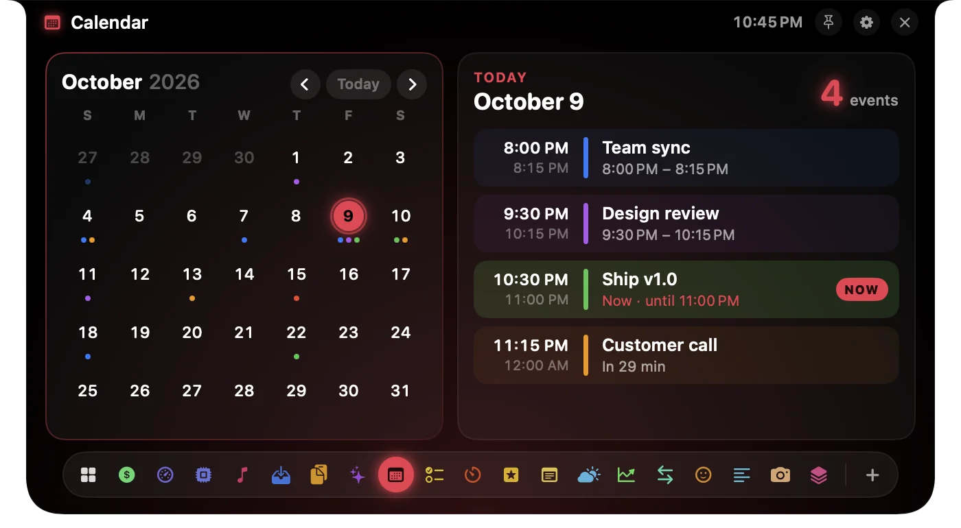 Calendar panel in the notch