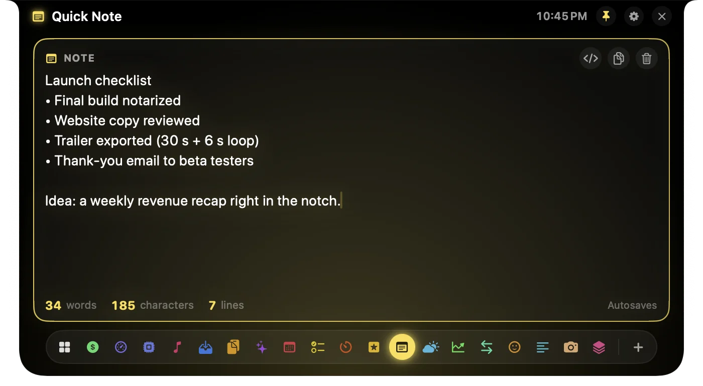 Quick Note panel in the notch