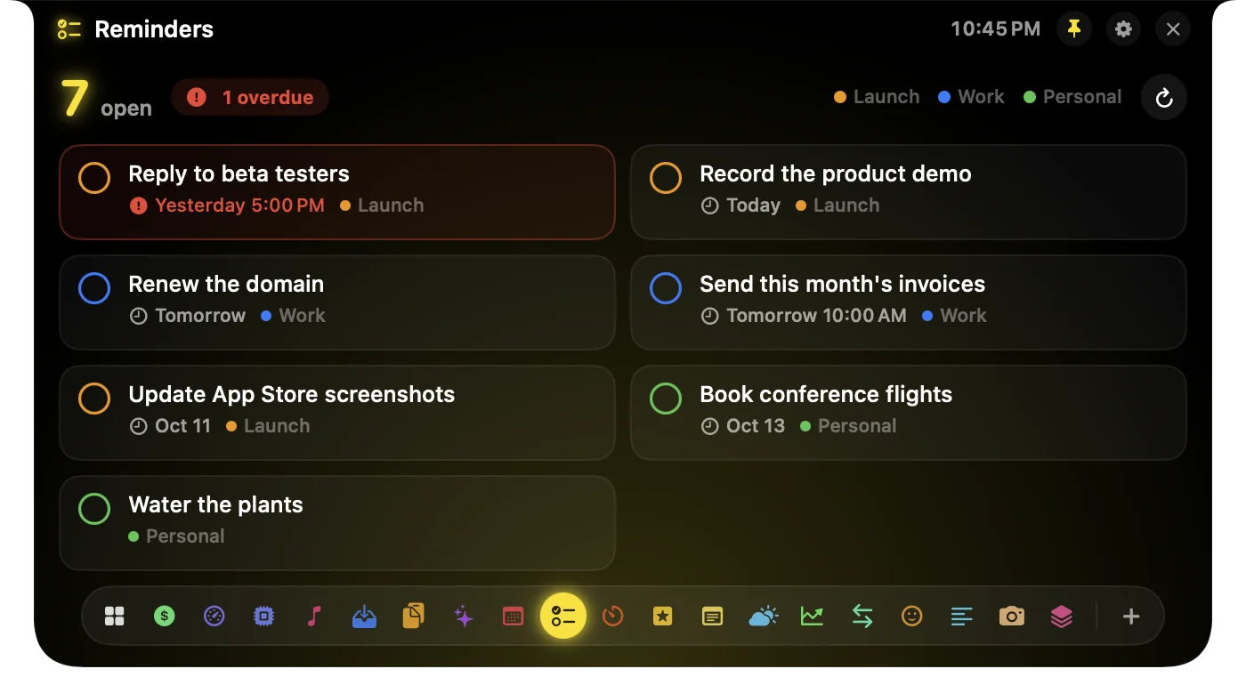Reminders panel in the notch