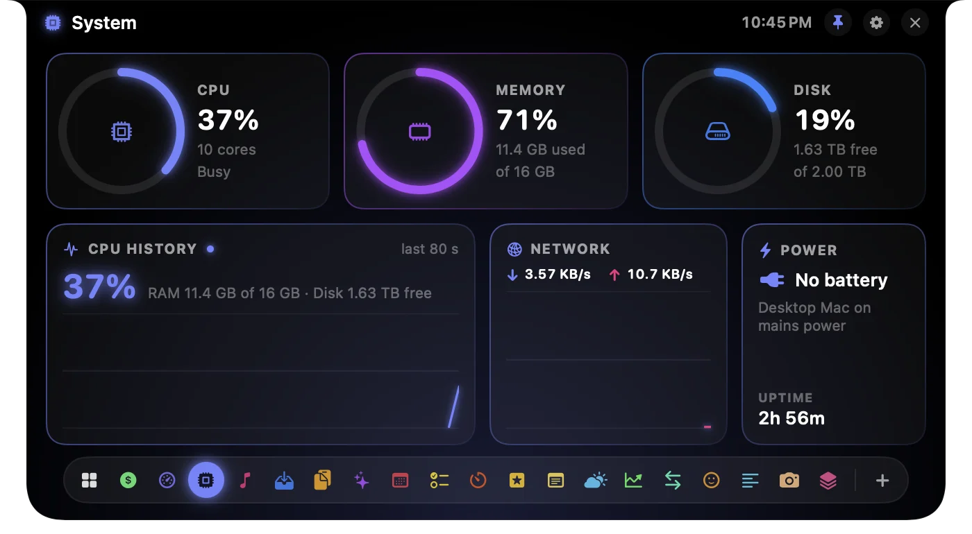 System panel in the notch