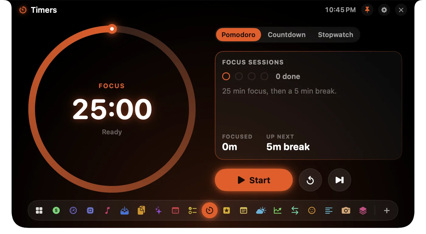 Timers panel in the notch